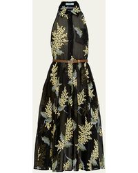 Prada - Embroidered Organza Sleeveless Belted Midi Dress - Lyst