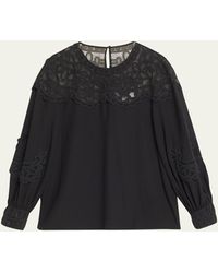 Carolina Herrera - Embroidered Puff-sleeve Top With Lace Panels - Lyst