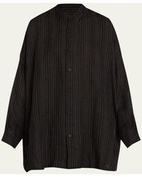 Eskandar - Stripe Wide Longer-back Collarless Shirt (long Length) - Lyst