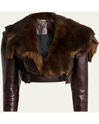 Chloé - Cropped Belted Shearling-Trimmed Glossed-Leather Jacket - Lyst