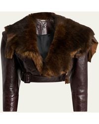 Chloé - Cropped Belted Shearling-Trimmed Glossed-Leather Jacket - Lyst