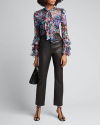 Prabal Gurung Floral-print Silk Ruffle Tie-neck Blouse - Black