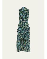 Saloni - Fleur Silk Sleeveless Tiered-Ruffle Midi Dress - Lyst