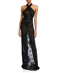 Naeem Khan Beaded Sheer Crossover Gown - Black