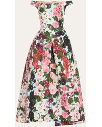 Oscar de la Renta - Hollyhocks Floral-print Off-the-shoulder Faille Tea-length Dress - Lyst