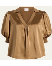 Cinq À Sept - Weldon Collared V-Neck Short-Sleeve Silk Combo Top - Lyst