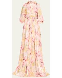 Badgley Mischka - Blouson-sleeve Shimmer Floral-print Empire Gown - Lyst