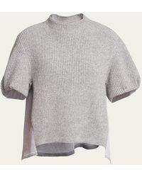 Sacai - Puff-sleeve Denim Knit Blouse - Lyst