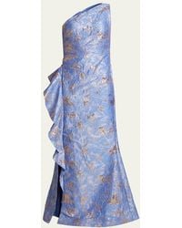 Teri Jon - Metallic Jacquard One-Shoulder Side-Ruffle Gown - Lyst
