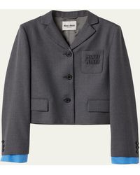Miu Miu - Logo Embroidered Cropped Wool Blazer Jacket - Lyst