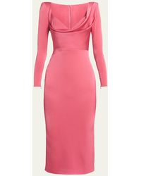 Alex Perry - Cowl-neck Strong-shoulder Long-sleeve Satin Crepe Midi Dress - Lyst