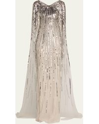 Pamella Roland - Silver Sequined Gown With Sheer Cape - Lyst