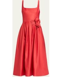Marchesa - Heavy Duchess Satin Midi Dress With Floral Applique Detail - Lyst