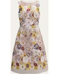 Teri Jon - Sleeveless Floral-embroidered Tulle Midi Dress - Lyst