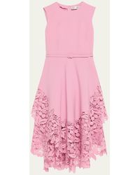 Oscar de la Renta - Sleeveless Cherry Guipure Embroidered High-Low Dress With Belt - Lyst