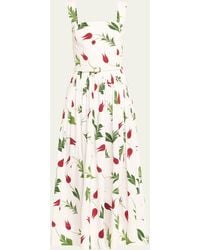 Oscar de la Renta - Marbled Tulips Cotton Poplin Square-neck Sleeveless Midi Dress With Self-belt - Lyst