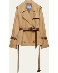 Prada - Short Leather Belted Twill Trench Jacket - Lyst