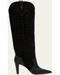 Christian Louboutin - 85Mm Santia Mixed Leather Suede Knee-High Western Boots - Lyst