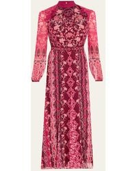 Saloni - Jacqui-B Belted Floral Silk Midi Dress - Lyst