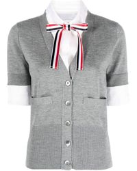 Thom Browne - Jersey Stitch Organza Round Collar Shirt Ss V Neck Cardigan Combo In Wool With Rwb Satin Ribbon T Clothing - Lyst