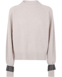 Brunello Cucinelli - Ribbed Sweater With Jewel Cuffs - Lyst