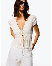 Bershka - Short Sleeve Gathered Shirt With Ties - Lyst