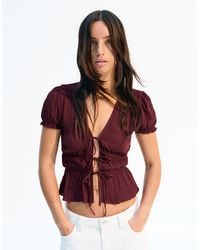 Bershka - Short Sleeve Gathered Shirt With Ties - Lyst