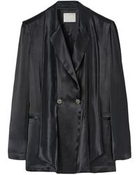 A Line Double-breasted Satin Blazer - Black