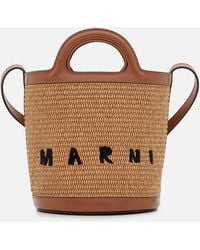 Marni Tropicalia Raphia And Leather Mini Bucket Bag - Brown