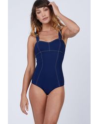 Suboo Stitching Back Cut Out One Piece Swimsuit - Blue