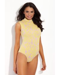 Seea Leana Turtleneck Textured Sleeveless One Piece Swimsuit - Hana Yellow Floral Print