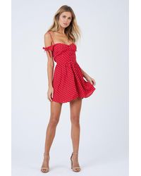 Flynn Skye Bodhi Off The Shoulder Button Front Mini Dress - Cherry Red Polka Dot Print
