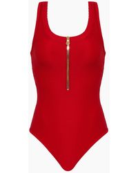 Heidi Klein Puglia Ribbed Zipper Front Racerback One Piece Swimsuit - Red