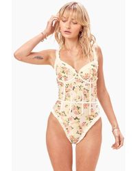 For Love & Lemons Charleston Ruffle Corset One Piece Swimsuit - Buttercreme Yellow Floral Print - Multicolour