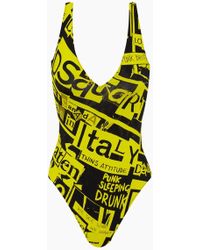DSquared² Plunging One Piece Swimsuit - Yellow & Black Graphic Print