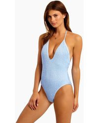 Suboo Shirred Halter High Cut One Piece Swimsuit - Blue