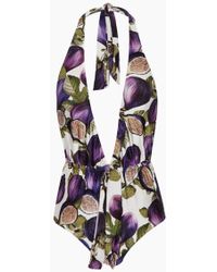 Adriana Degreas Plunging Halter Neck One Piece Swimsuit - Fig Purple Print