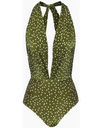Adriana Degreas Plunging Halter Neck One Piece Swimsuit - Mille Punti Army Green Polka Dot Print