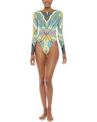Andrea Iyamah Khai Long Sleeve High Cut One Piece Swimsuit - Green & Yellow Geometric Print
