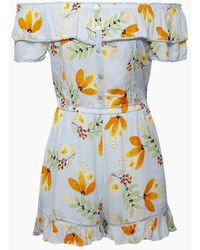 Patrons Of Peace Ruffle Short Off Shoulder Romper - Sky Blue Floral Print