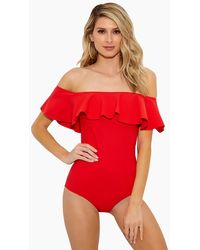 Lisa Marie Fernandez Mira Flounce Off Shoulder One Piece Swimsuit - Tomato Red
