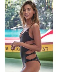 Spiritual Gangster Journey Ribbed Cut Out Sides One Piece Swimsuit - Vintage Black