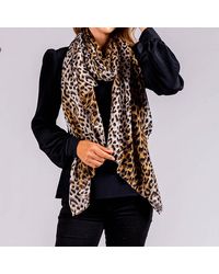 Black Brown Leopard Print Cashmere And Silk Scarf - Multicolor