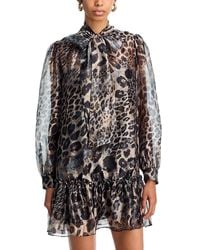 Aqua - Leopard Tie Neck Long Sleeve Drop Waist Dress - Lyst