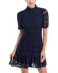 knee length dresses for ladies Teal Floral Lace Mock Neck Ruffle Trim Mini Dress main image 1