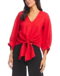 Karen Kane - Blouson Sleeve Linen Tie Front Top - Lyst