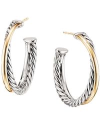David Yurman Sterling Silver & 18k Yellow Gold Crossover Medium Hoop Earrings - Metallic