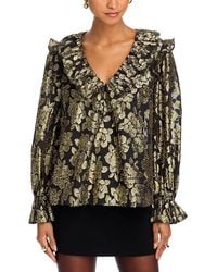 Aqua - Metallic Jacquard Ruffle Neck Top - Lyst