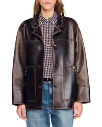 Sandro - Oversized Leather Jacket With Studs - Lyst