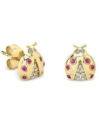 Sydney Evan - 14K Ruby & Diamond Ladybug Stud Earrings - Lyst